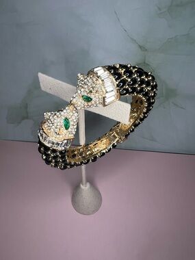Black & Gold Leopard Panther Crystal Bangle Bracelet | Big Cat Statement Cuff